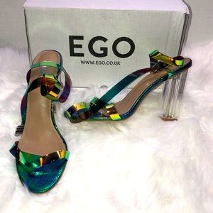 Multicolor Snake Print, Clear Block Heels